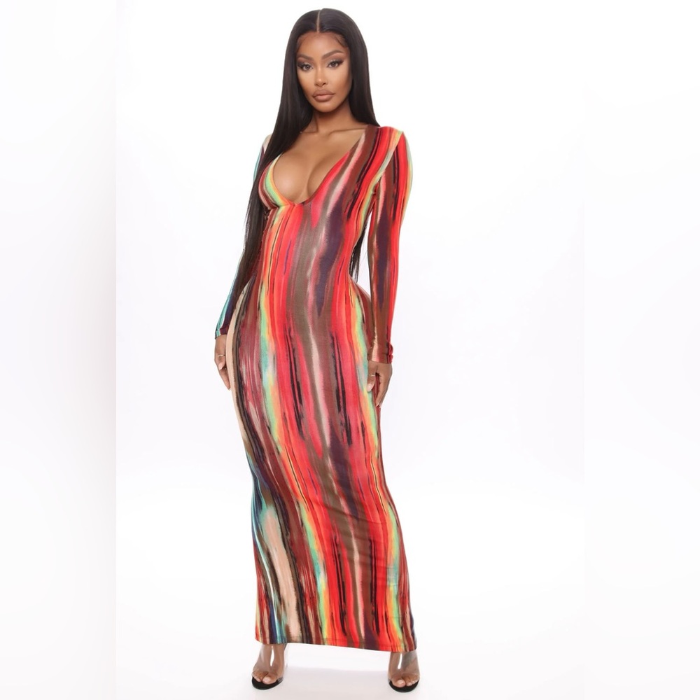 Fashion Nova Work Of Art Long Sleeve Maxi Dress Multi